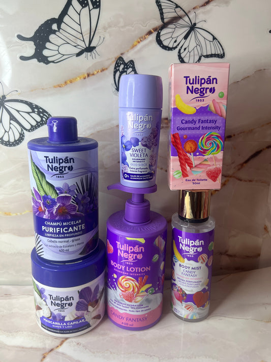 😈Box Viola😈Tulipan Negro 6 Pezzi – Shampoo, Corpo & Profumi Candy Fantasy 💜