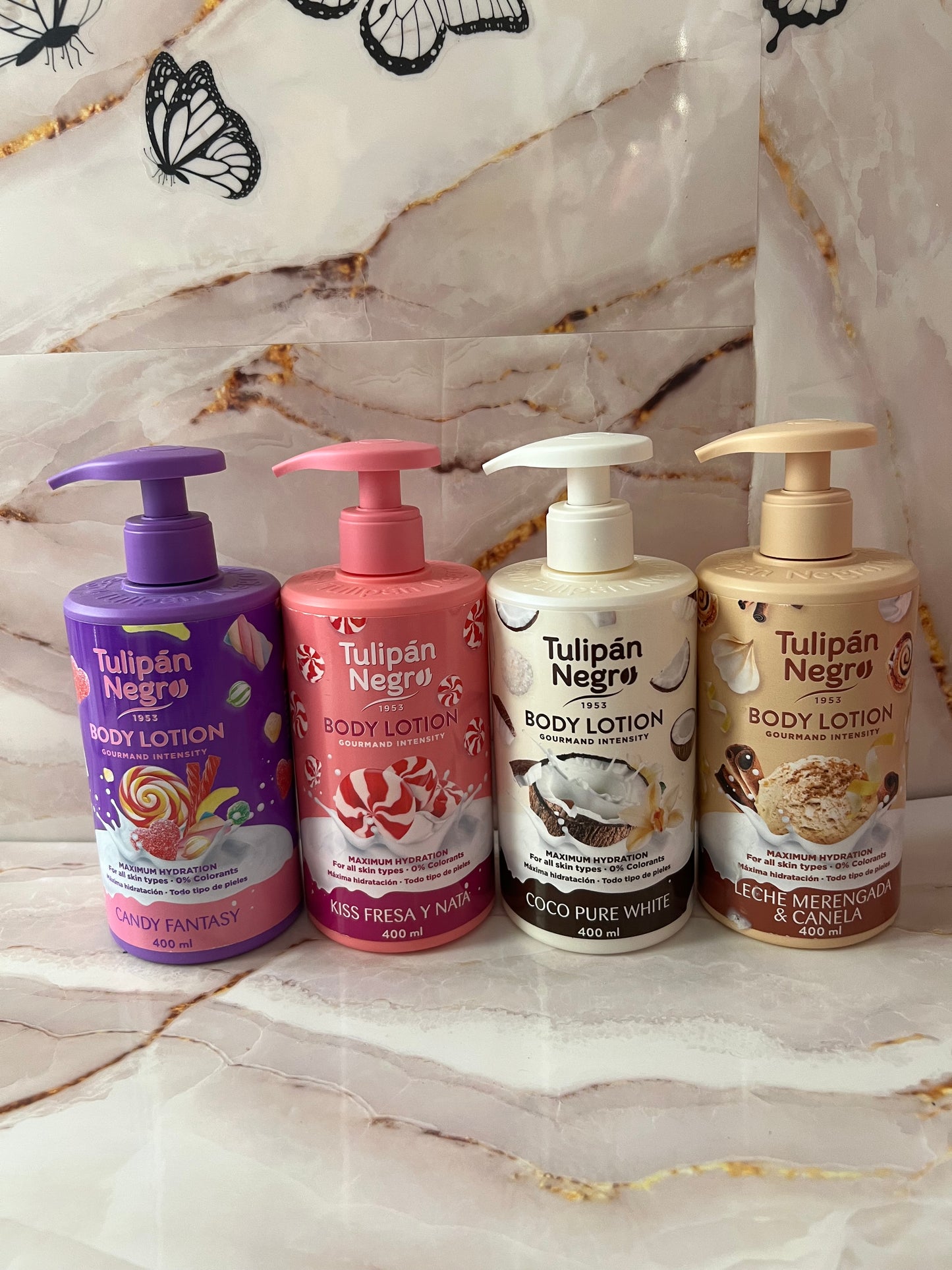 4 Body Lotion Candy Fantasy,Fragola e panna,Cocco,Leche merengada