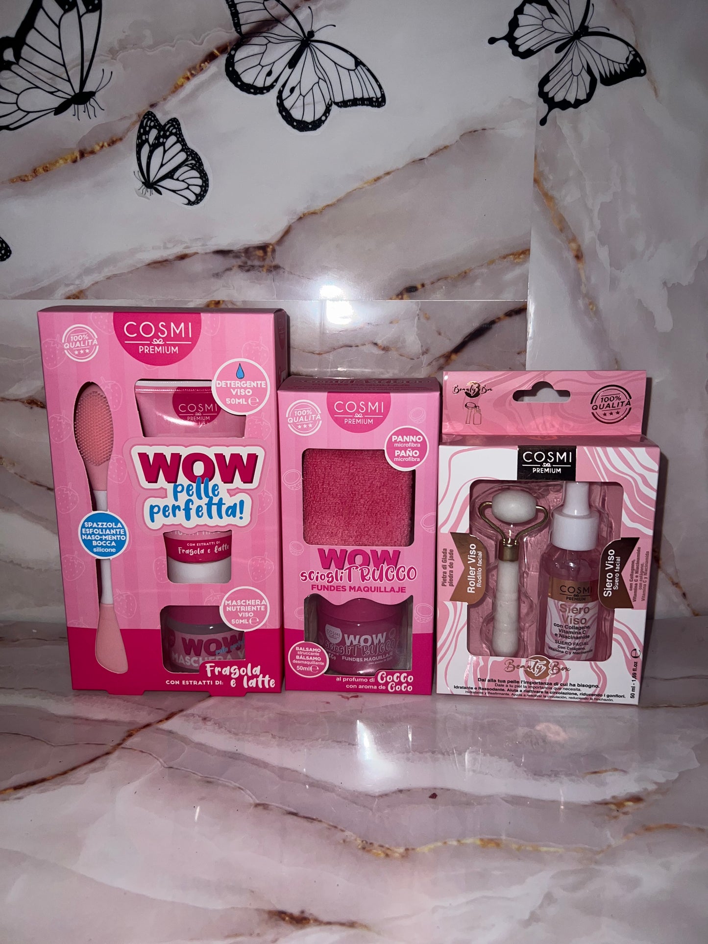 3 Prodotti Cosmi Siero viso , wow sciogli trucco, wow pelle perfetta