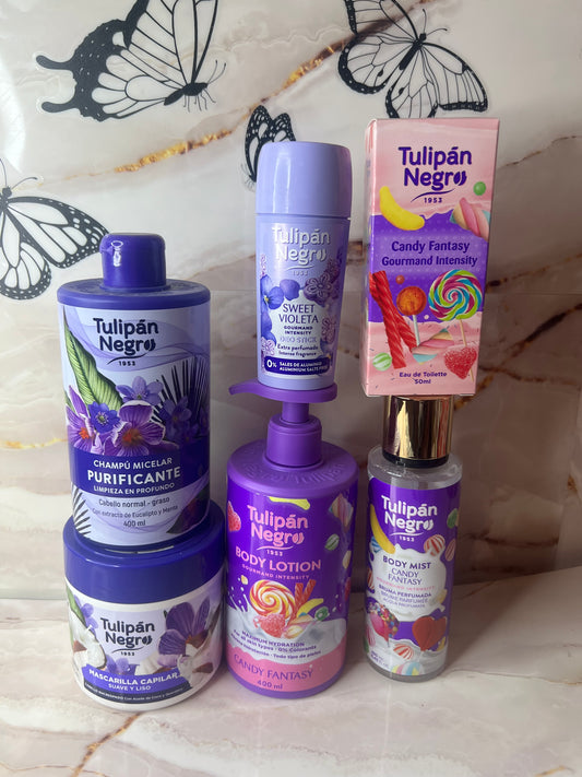 😈Box Viola😈Tulipan Negro 6 Pezzi – Shampoo, Corpo & Profumi Candy Fantasy 💜