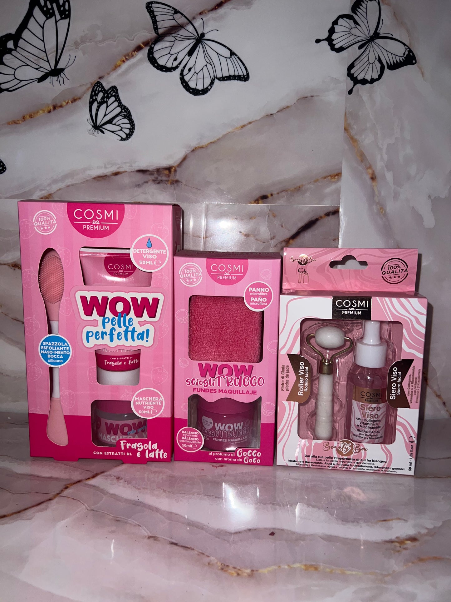 3 Prodotti Cosmi Siero viso , wow sciogli trucco, wow pelle perfetta